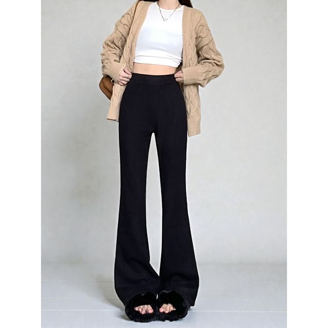 Mikiko-High Waist Plain Fleeced Slim-Fit Boot-Cut Pants