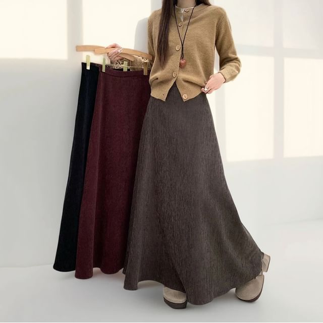 Mikiko-High Waist Plain Maxi A-Line Skirt