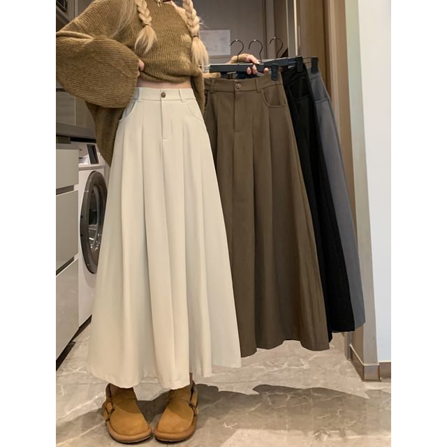 Mikiko-High Waist Plain Maxi Pleated Skirt