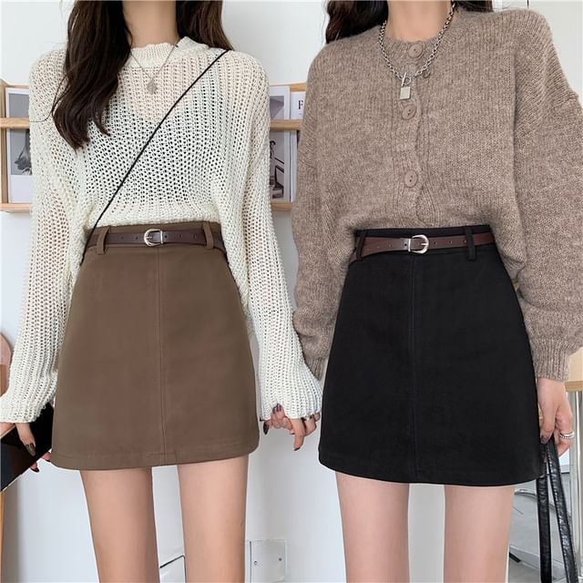 Mikiko-High Waist Plain Mini A-Line Skirt