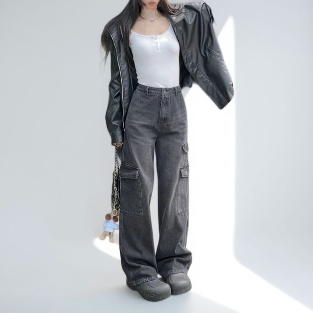 Mikiko-High Waist Washed Wide Leg Cargo Jeans