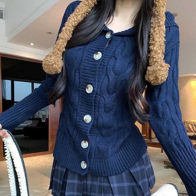 Mikiko-Hooded Button-Up Plain Cable Knit Cardigan