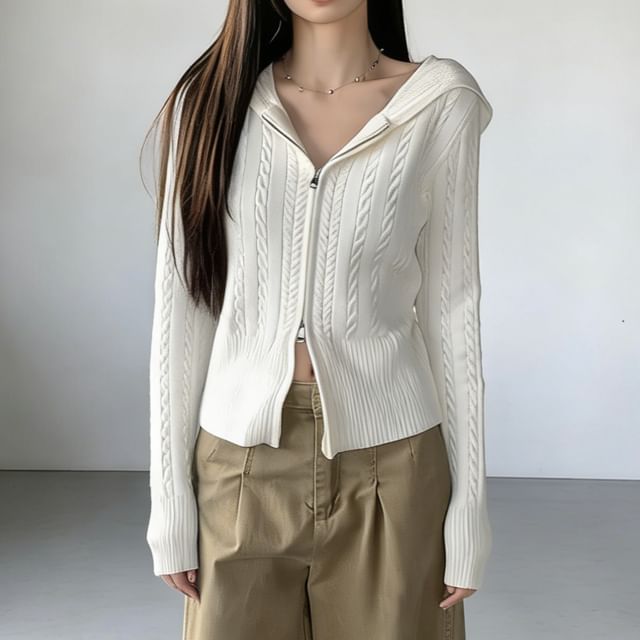 Mikiko-Hooded Plain Zip Cable Knit Cardigan