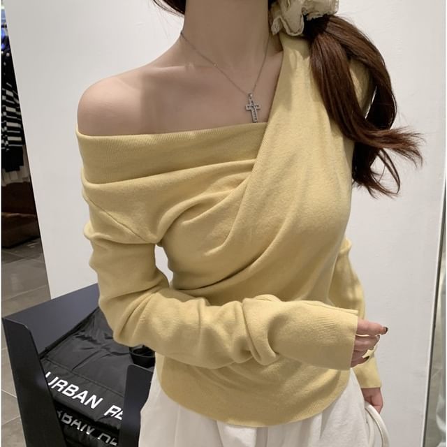 Mikiko-Long-Sleeve Asymmetrical Neck Plain Knit Top