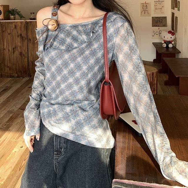 Mikiko-Long-Sleeve Asymmetrical Plaid Top