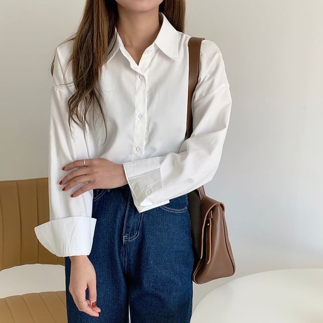 Mikiko-Long-Sleeve Collared Plain Button Up Shirt