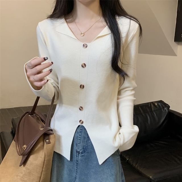 Mikiko-Long Sleeve Collared Plain Slit Button Knit Top
