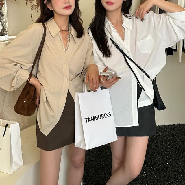 Mikiko-Long Sleeve Collared V-Neck Plain Panel Lace Shirt