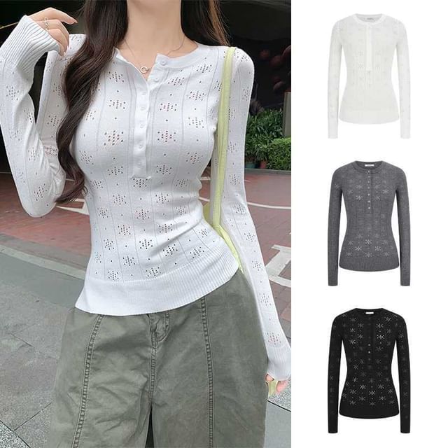 Mikiko-Long-Sleeve Crew Neck Perforated Half-Buttoned Plain Knit Top