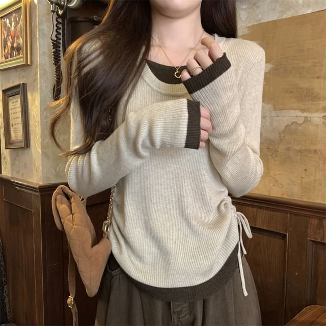 Mikiko-Long Sleeve Mock Two Piece Color-Block Side-Drawstring Knit Top