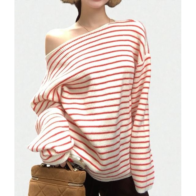Mikiko-Long Sleeve Off-Shoulder Striped Loose-Fit Pullover