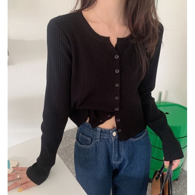 Mikiko-Long Sleeve Plain Ribbed-Knit Light Cardigan