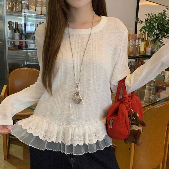 Mikiko-Long Sleeve Round Neck Plain Ruffle Panel Top