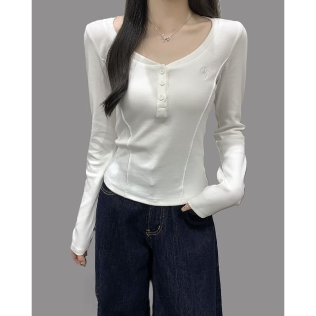 Mikiko-Long-Sleeve Scoop Neck Plain Henley T-Shirt