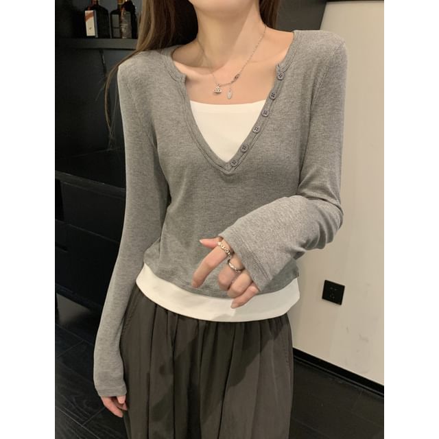 Mikiko-Long-Sleeve Square Neck Mock Two Piece T-Shirt