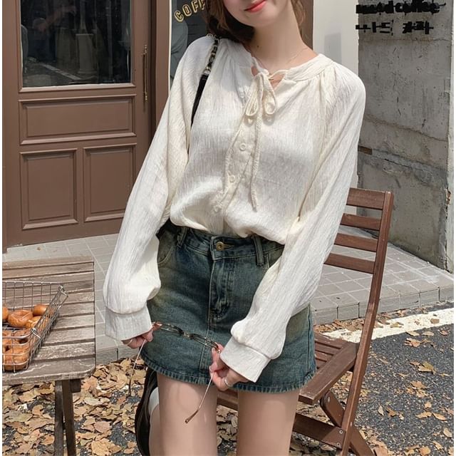 Mikiko-Long-Sleeve Tie-Neck Plain Blouse