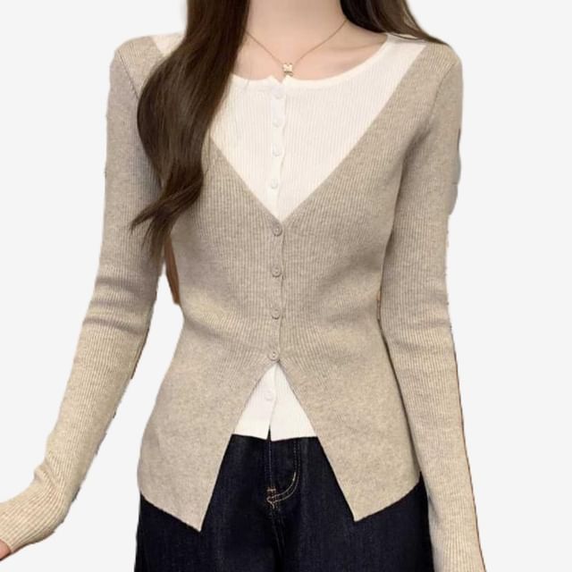 Mikiko-Mock Two-Piece Crew Neck Two Tone Button-Up Cardigan
