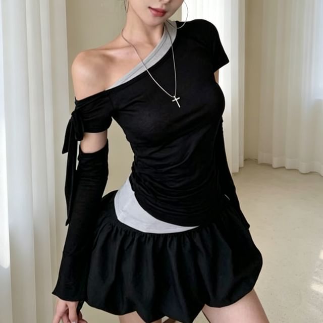 Mikiko-Mock Two-Piece Long-Sleeve Off Shoulder Top
