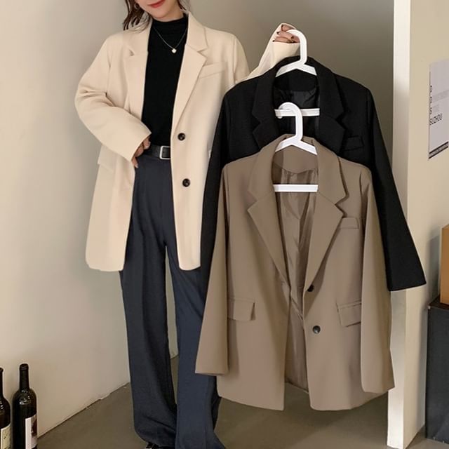 Mikiko-Notch Lapel Plain Single-Breasted Blazer