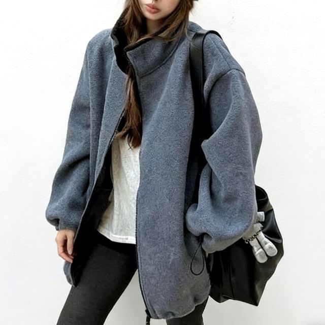 Mikiko-Plain Drawstring Zip Jacket