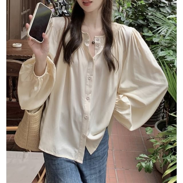 Mikiko-Puff Sleeve Plain Loose-Fit Blouse