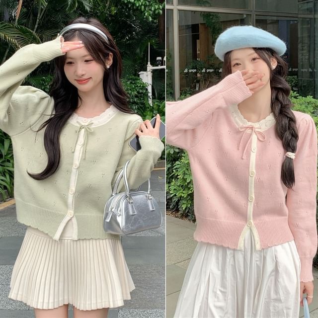 Mikiko-Round Neck Two Tone Pointelle Cardigan