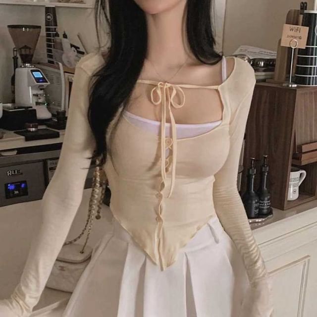Mikiko-Set Plain Crop Camisole Top Scoop Neck Tie Front Button-Up Sheer Cardigan