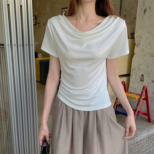Mikiko-Short-Sleeve Cowl Neck Plain Drawstring Slim Fit Tee