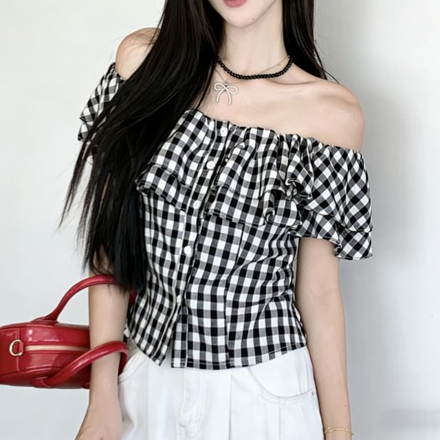 Mikiko-Short-Sleeve Off Shoulder Plaid Button Up Blouse