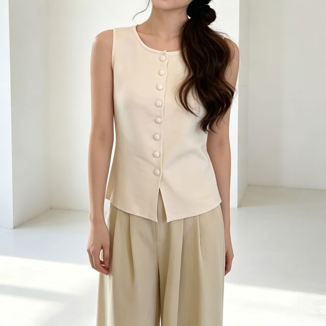 Mikiko-Sleeveless Round Neck Plain Button Knit Top