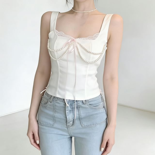 Mikiko-Sleeveless Square Neck Plain Lace Trim Top