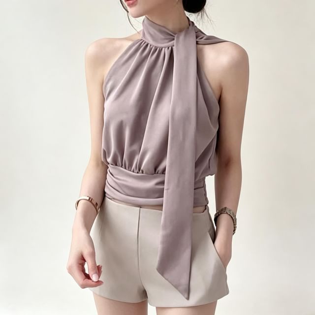 Mikiko-Sleeveless Tie Neck Plain Crop Blouse