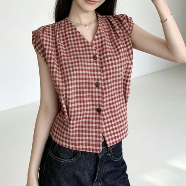 Mikiko-Sleeveless V-Neck Gingham Shirt