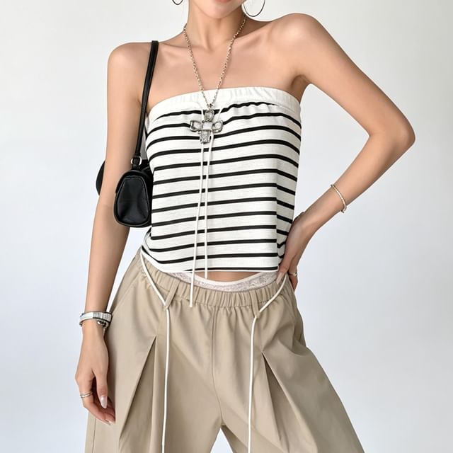 Mikiko-Striped Drawstring Tube Top