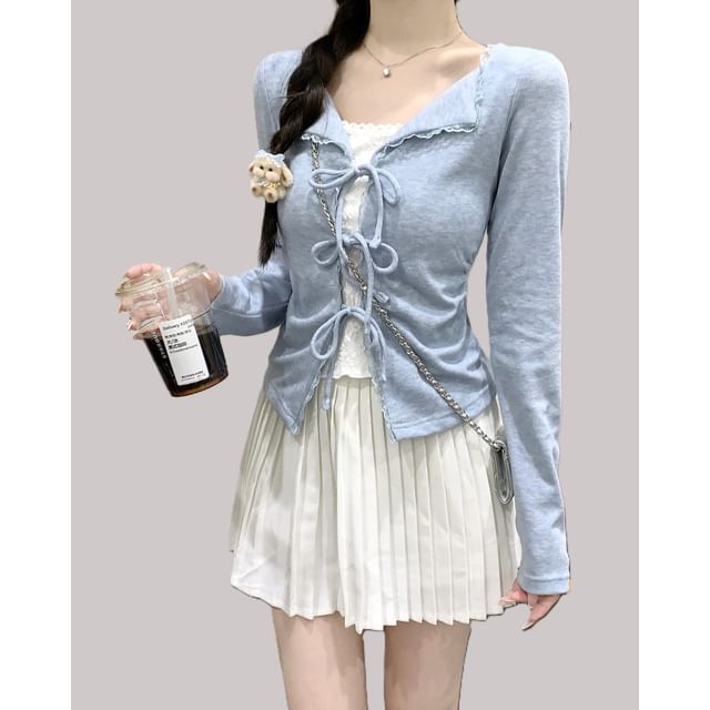 Mikiko-V-Neck Plain Lace Trim Cardigan