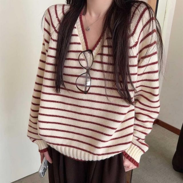 Mikiko-V-Neck Striped Contrast Trim Sweater