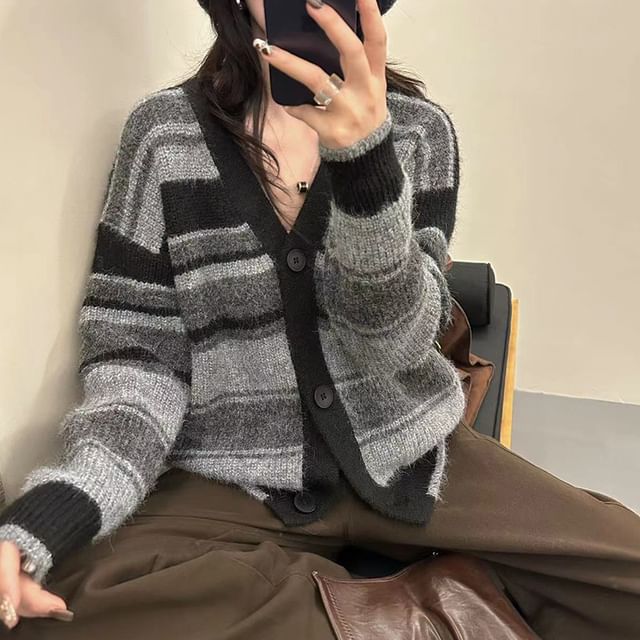 Mikiko-V-Neck Striped Ribbed Cardigan