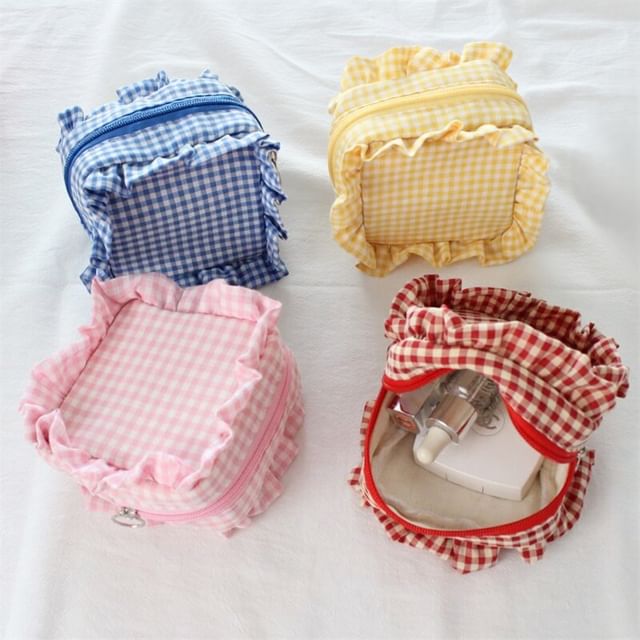 Milha-Gingham Frill Trim Makeup Pouch