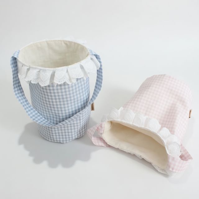 Milha-Gingham Lace Trim Bucket Bag