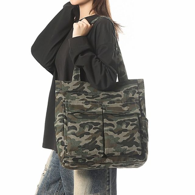 Milha-Leopard Print Camouflage Multi-Pocket Canvas Tote Bag