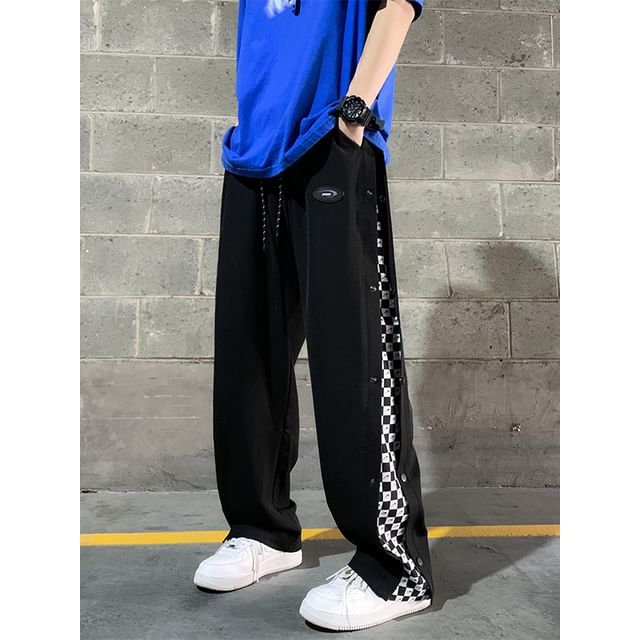 Mimiyox-Drawstring Waist Checkerboard Panel Loose Fit Sweatpants