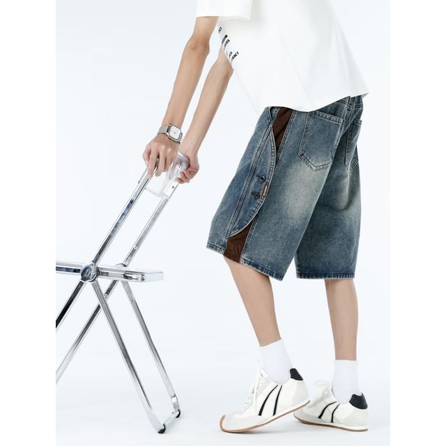 Mimiyox-Drawstring Waist Paneled Washed Denim Shorts