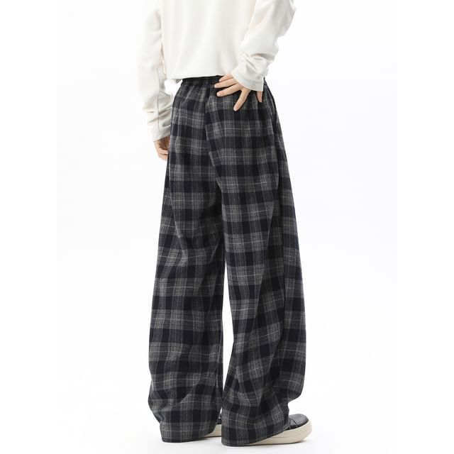 Mimiyox-Drawstring Waist Plaid Wide Leg Pants