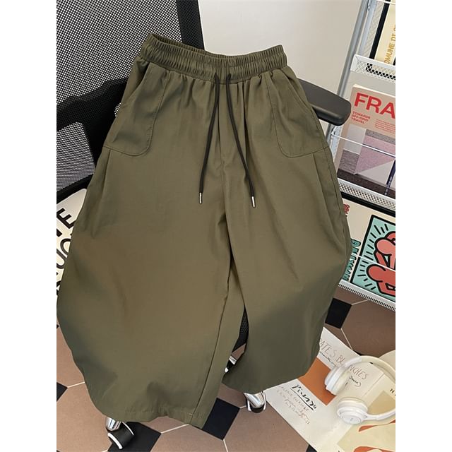 Mimiyox-Drawstring Waist Plain Capri Wide Leg Pants