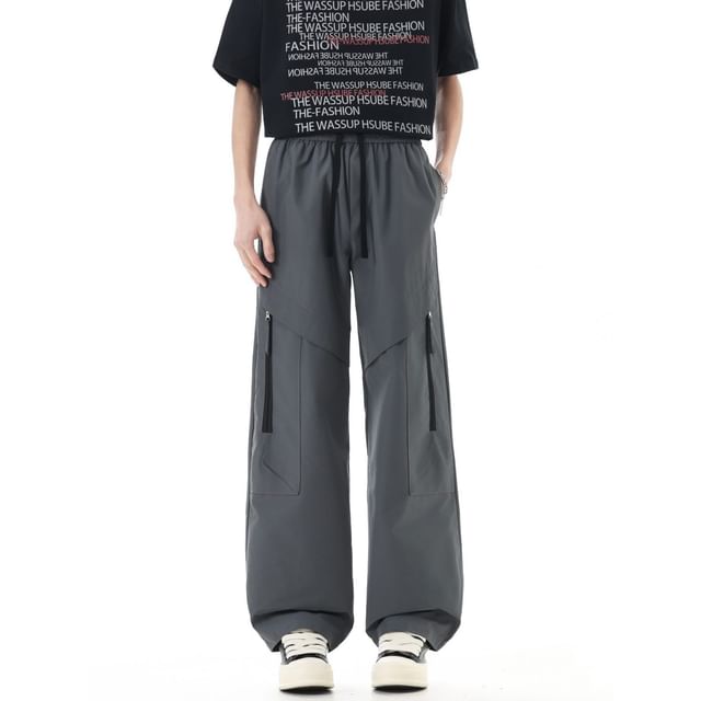Mimiyox-Drawstring Waist Plain Straight Leg Pants