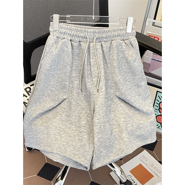 Mimiyox-Drawstring Waist Plain Sweat Shorts