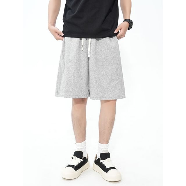 Mimiyox-Drawstring Waist Plain Sweat Shorts