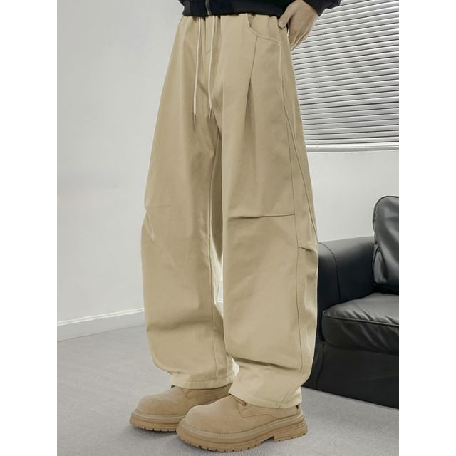 Mimiyox-Drawstring Waist Plain Wide Leg Cargo Pants
