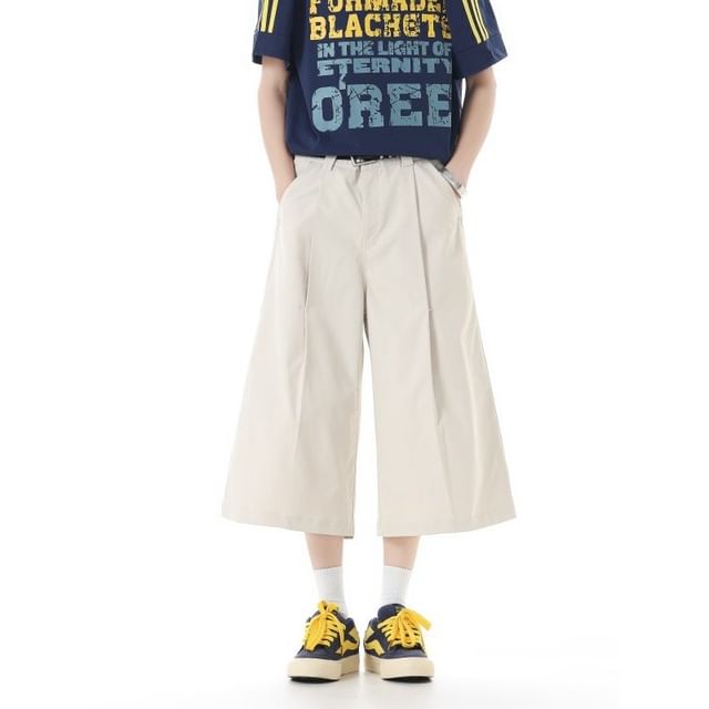 Mimiyox-Mid Rise Plain Capri Wide Leg Pants