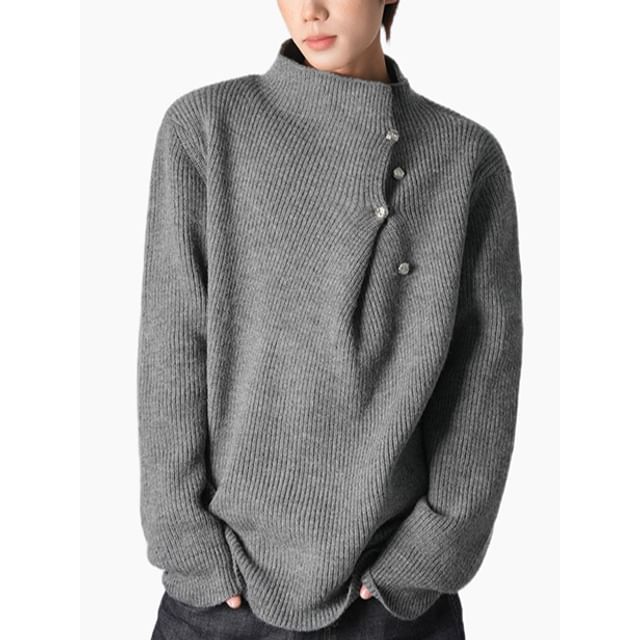 Mimiyox-Mock Neck Half Buttoned Plain Sweater